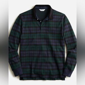 J Crew Long Sleeve Polo Shirt Blackwatch Tartan Green Plaid Elbow Patch Large